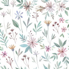 Cute delicate floral pattern with pink flowers and plants.Hand-drawn watercolor illustration.