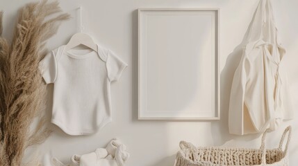 Gender neutral baby clothing display featuring an empty frame mockup, organic cotton onesie, and soft textile accessories on a serene background.