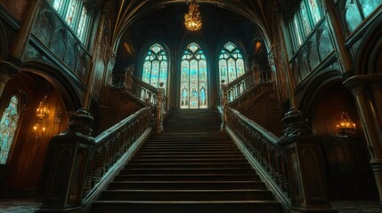 Obraz premium Beautiful elegant design of A Staircase Ascending Through a Gothic Hall With Ornate Stained Glass Windows