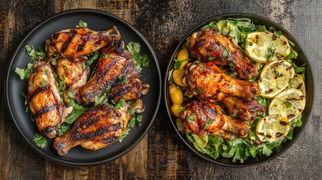 Grilled chicken wings and broasted chicken served with fresh greens and lemon slices on contrasting black plates.