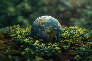 globe surrounded by green plants symbolizing the importance of environmental protection and sustainable development. 