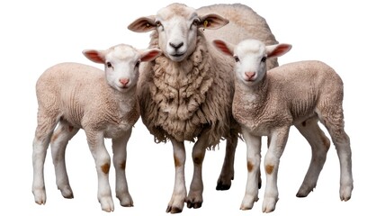 Fototapeta premium Sheep with two lambs standing together on white background.