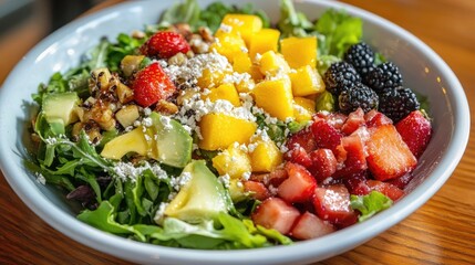Vibrant salad bowl showcasing a delightful blend of greens, fresh strawberries, mango, pineapple, walnuts, and blackberries topped with cheese.