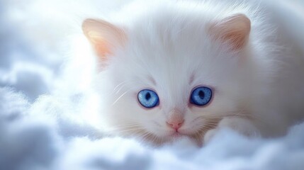 Fluffy white chinchilla cat with striking blue eyes nestled in soft clouds of fluff, showcasing an adorable and serene expression.