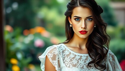 A woman with long dark hair styled in loose waves wearing a flowing white dress with lace details red lipstick and pearl earrings she has a serious expression on her face