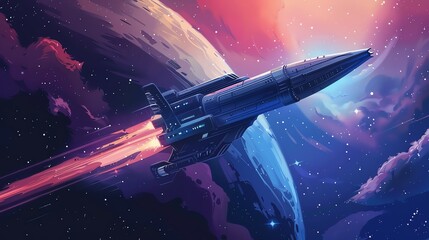 Obraz premium A spaceship flies through space, with a planet in the background.