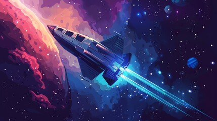 Obraz premium A cartoon spaceship flying through space.