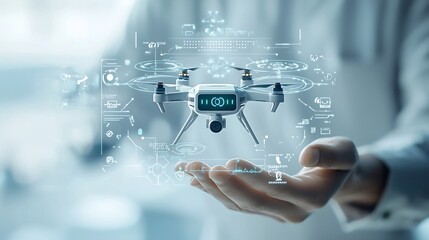 Military operative launching a compact surveillance drone from their hand with futuristic HUD elements displayed in the scene  Advanced technology modern military equipment