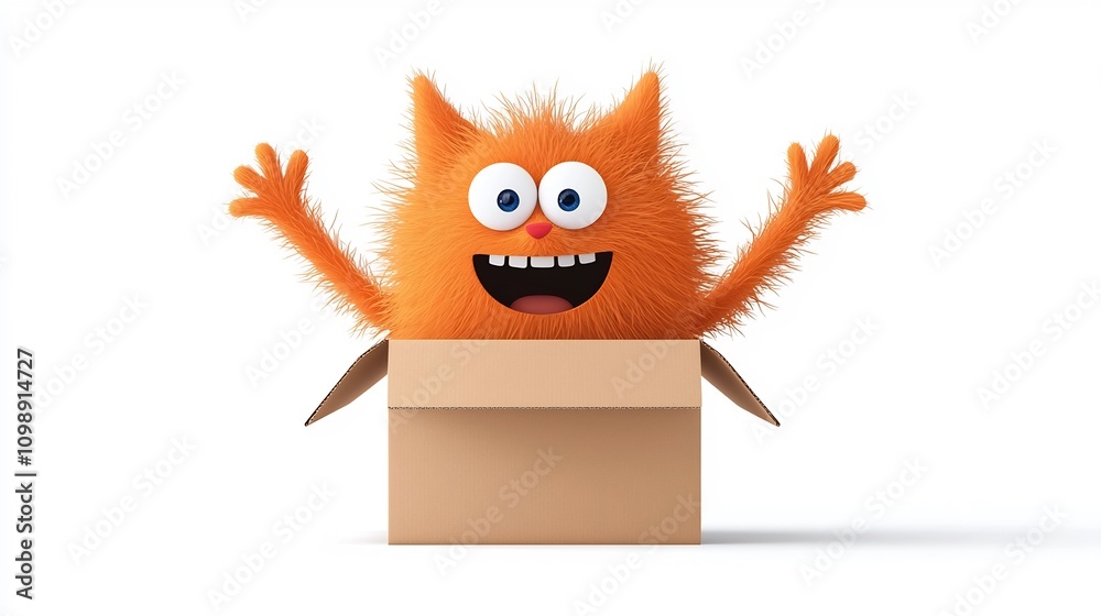 Poster cheerful and cute cartoon character sitting inside a cardboard delivery box with a happy and friendl