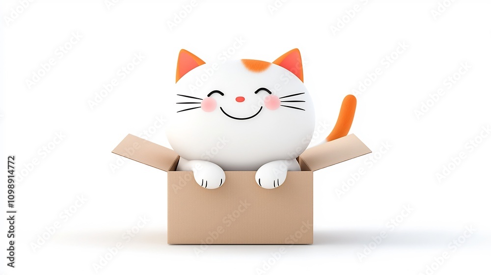 Poster Cheerful and Playful Cartoon Cat Relaxing Comfortably in a Delivery Box Surrounded by Packing Material on a White Background  of a Smiling Feline Character in a Cozy Whimsical Scene