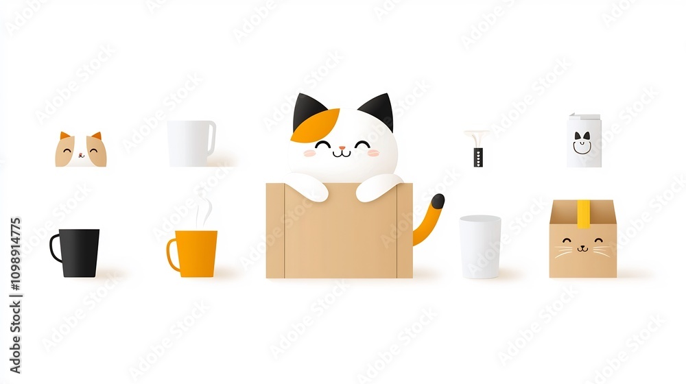 Poster whimsical of a smiling cartoon cat relaxing comfortably inside a delivery box surrounded by packing 