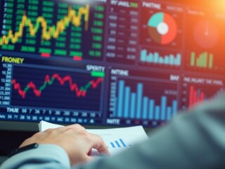 Fototapeta premium Investor reviewing stock market data on financial dashboard with BI and KPIs, analyzing performance indicators, BI, key performance indicators