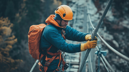 Fototapeta premium Worker securing cables on a bridge, safety helmet and gloves highlighted - Action-focused and scenic, natural light