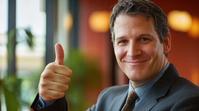 Manager showing appreciation with a thumbs up gesture in a meeting room, conveying admiration and satisfaction for team achievements.
