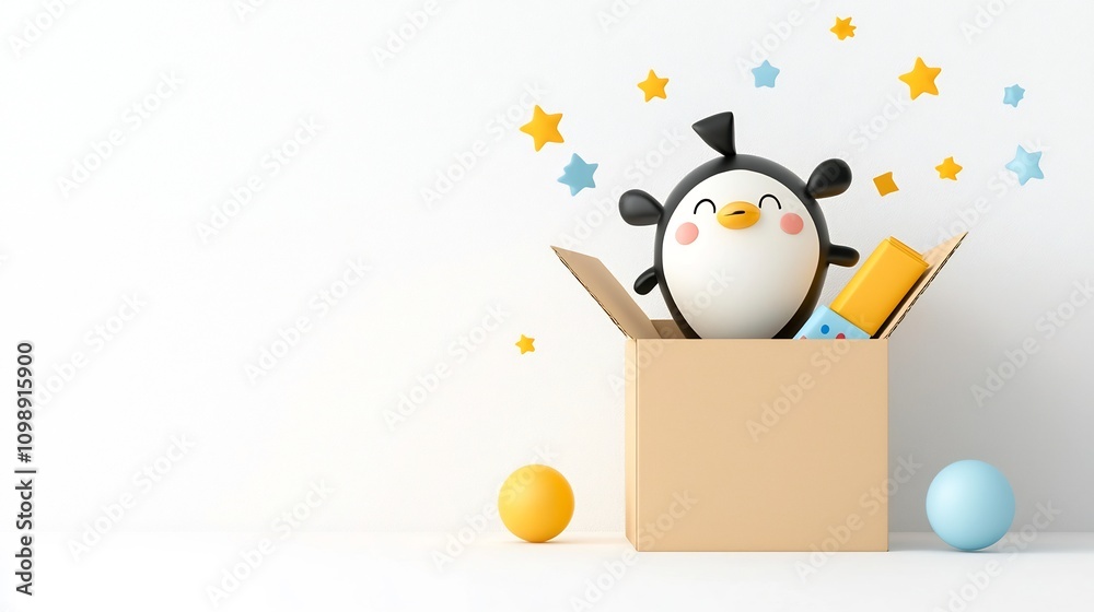 Poster cheerful 3d cartoon animal character popping out of a colorful cardboard box with playful packing ma