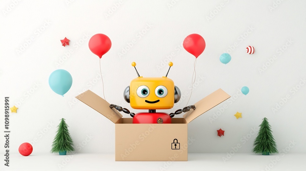 Poster Cheerful and Bright 3D Cartoon Robot Character Emerging from an Open Delivery Box on a Crisp White Background  Futuristic Modern and Playful of an Innovative and Useful Mechanical Device or Gadget