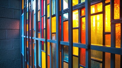 Obraz premium Stained glass window with vibrant orange and yellow hues, framed by dark metal bars in a modern architectural setting.