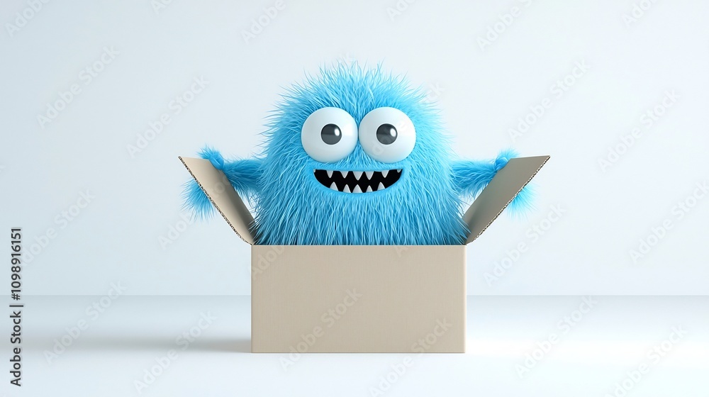 Aufkleber funny 3d cartoon monster character peeking out curiously from slightly open delivery box against cle
