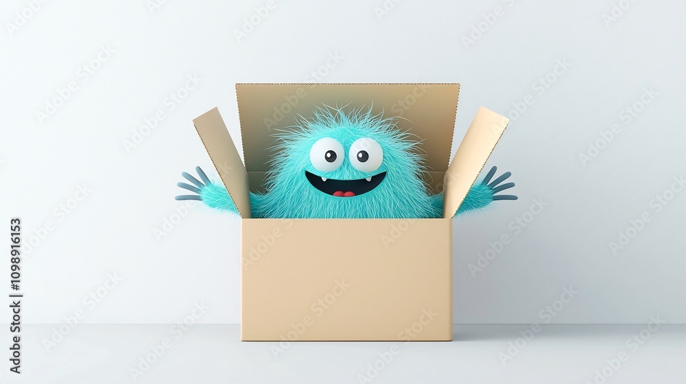 Poster cute 3d cartoon monster character peeking out curiously from a slightly open delivery or shipping bo