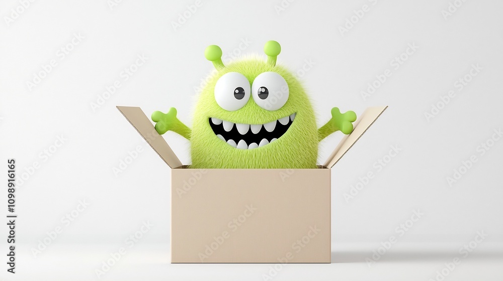 Poster Cheerful 3D cartoon monster character peeking out curiously from slightly open delivery box set against clean white background  Playful quirky with digital design elements