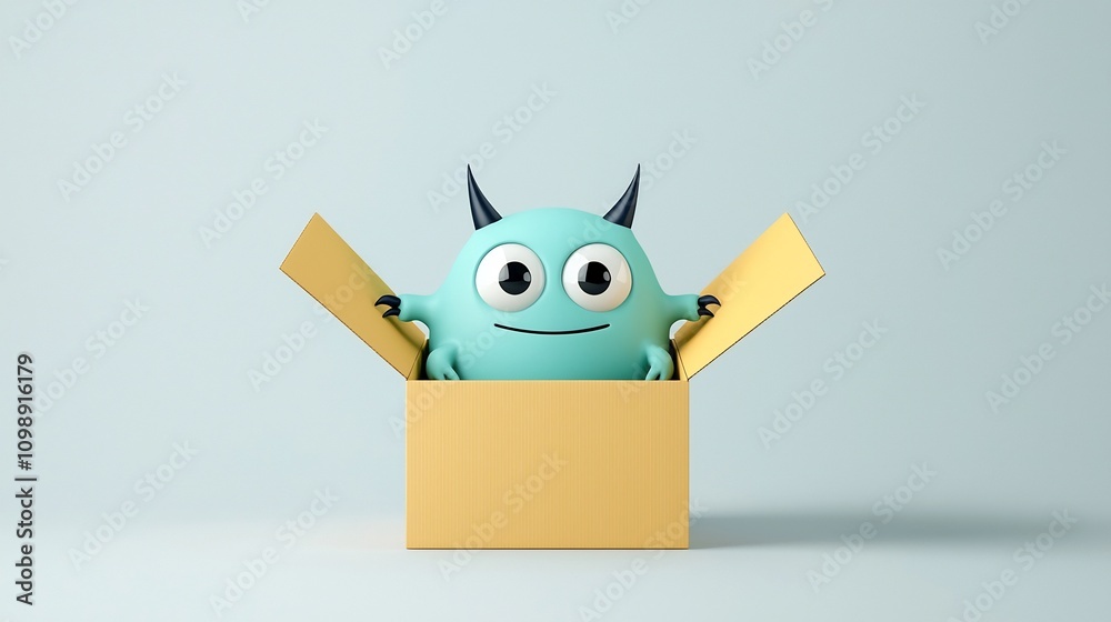 Poster curious and playful 3d cartoon monster character peeking out from slightly open delivery or shipping