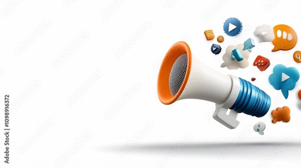 Poster vibrant and modern design showcasing communication skills featuring various elements like microphone