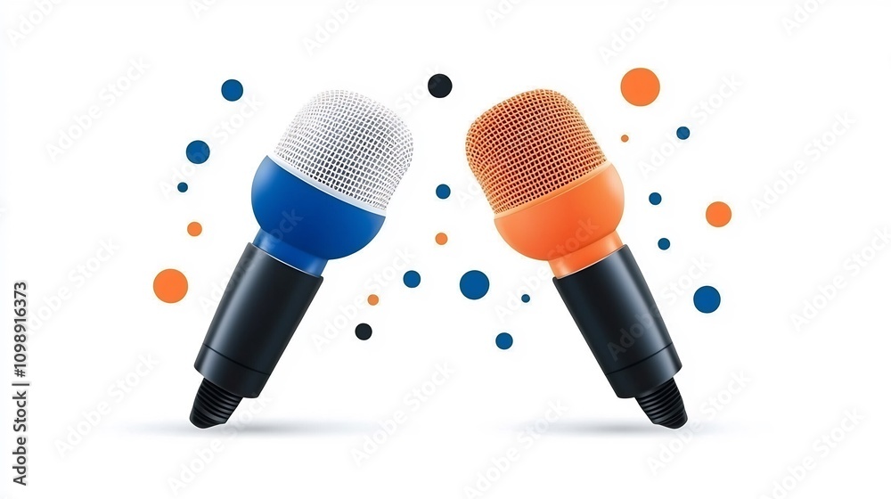 Poster modern design depicting communication skills with vibrant graphic elements like microphones and soun