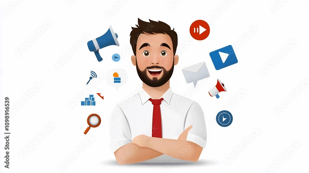 Poster Dynamic and minimalist depicting a central speaker icon surrounded by various geometric symbols and icons representing articulation sound voice and communication clarity concepts