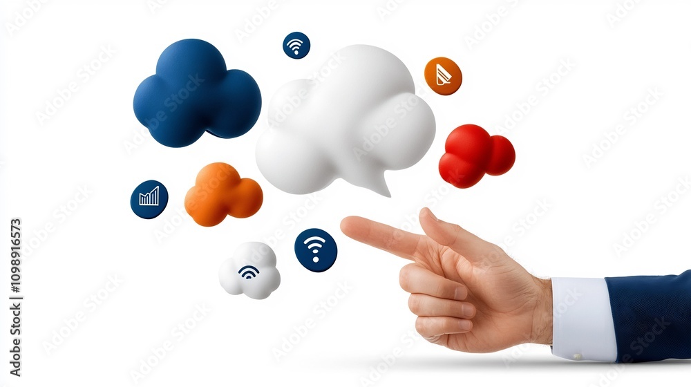 Poster Vibrant and dynamic conversation flow diagram with colorful sound icons and articulation highlights showcasing a digital technological and innovative visual style against a clean white background