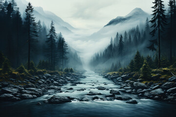 dense coniferous forest stretching on both sides of a stormy river flowing along a rocky bed.  