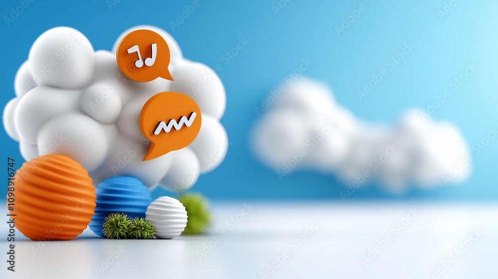 Poster of a vibrant conversation flow with sound icons and articulation highlights displayed in a sleek style on a clean white background representing the dynamic exchange of information and ideas