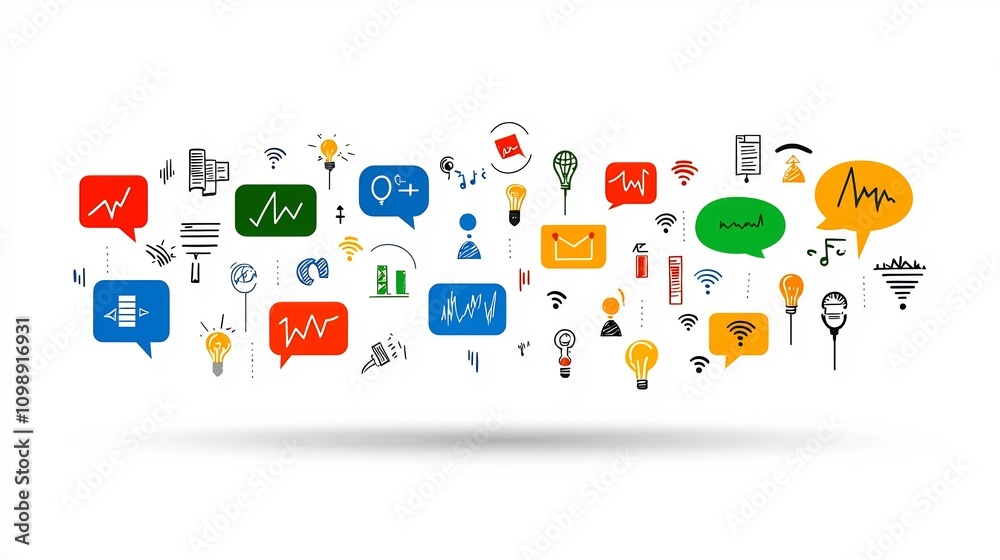Fototapete Modern depicting a speech bubble with vibrant colorful sound waves representing voice modulation intonation clarity and audio signal visualization on a clean white background
