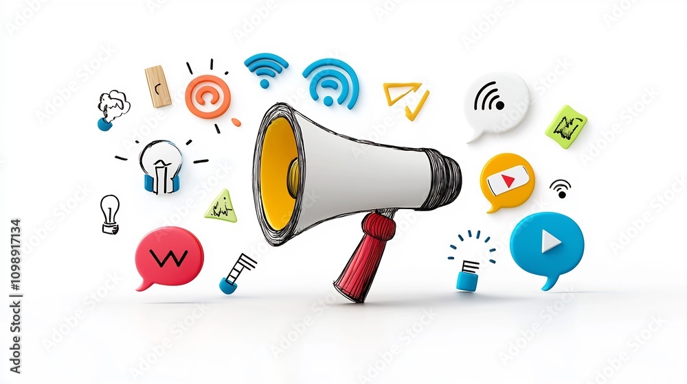 Leinwandbilder Visually Captivating Communication Symbols in Creative Art Display with Megaphone Sound Waves and Pitch Representation on White Background