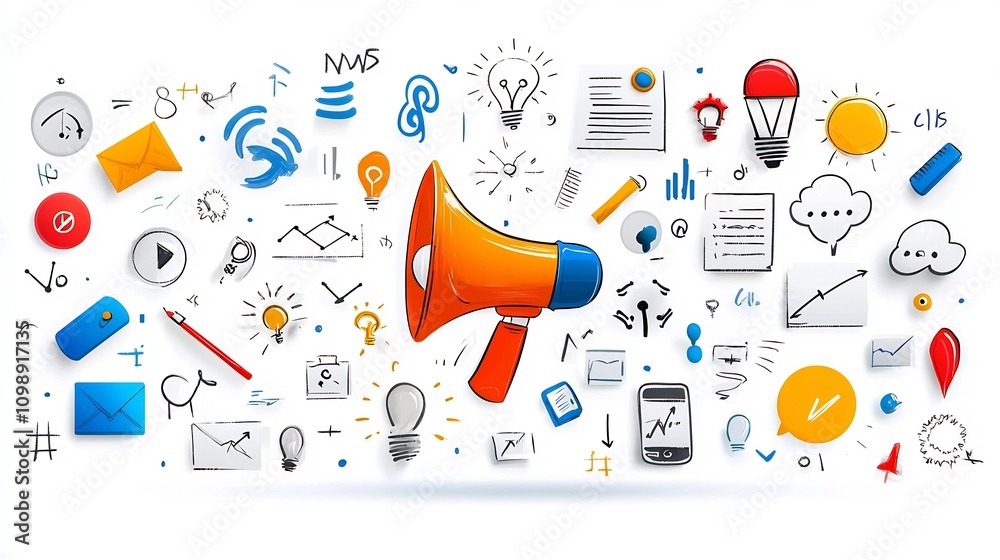 Poster creative art depicting various communication symbols including a megaphone sound waves and pitch rep