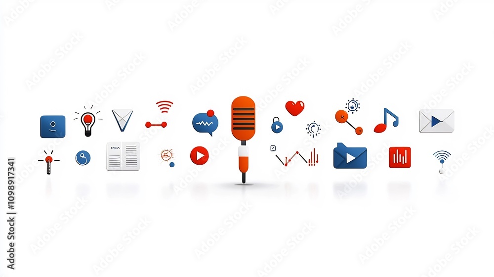 Aufkleber of a narrator speaking clearly into a microphone surrounded by sound waves and storytelling related 