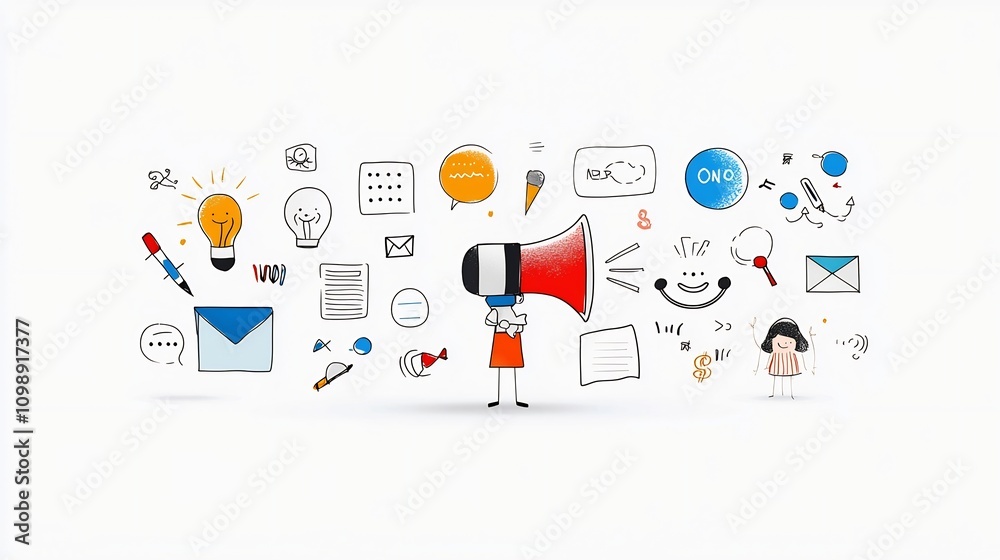 Aufkleber depicting a narrator or speaker clearly speaking into a microphone surrounded by sound waves and storytelling icons on a white background  Concept of communication performance audio broadcast podcast