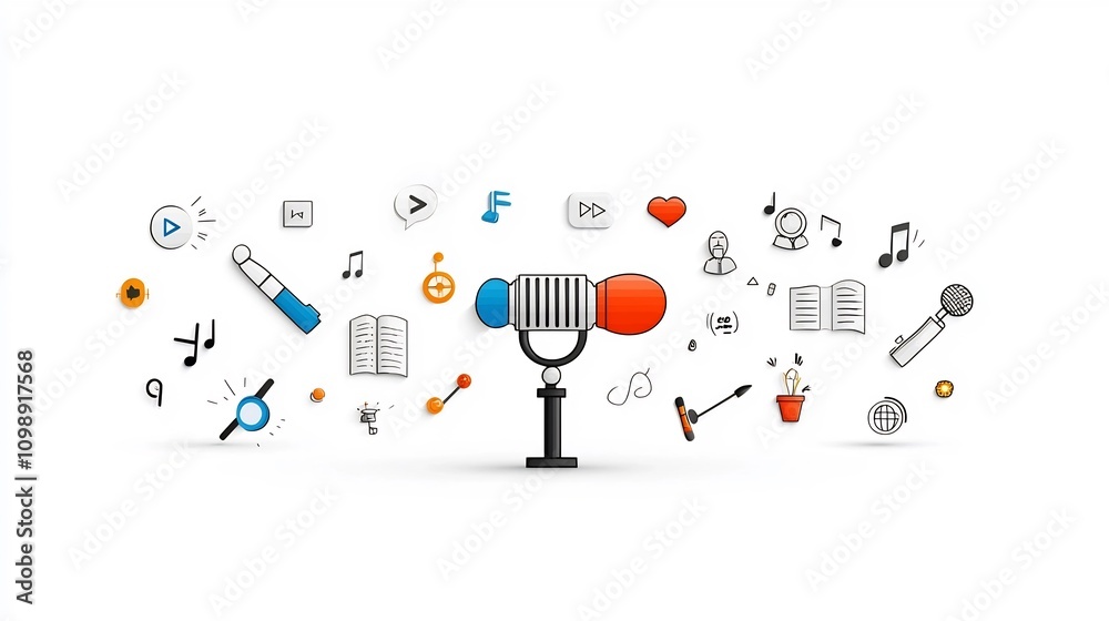 Aufkleber Vibrant and Modern of a Narrator or Speaker Standing in Front of a Microphone with Emphasis on Sharp Sound Designs and Text Icons on a White Background