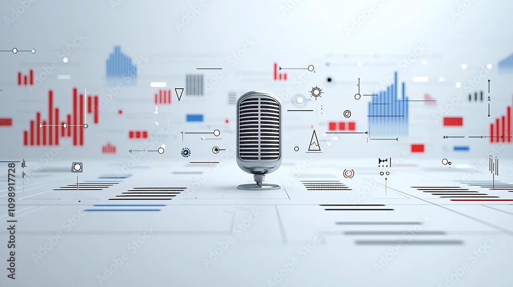 Leinwandbilder of voice concept with speaker surrounded by precise sound wave graphics and storytelling imagery on 