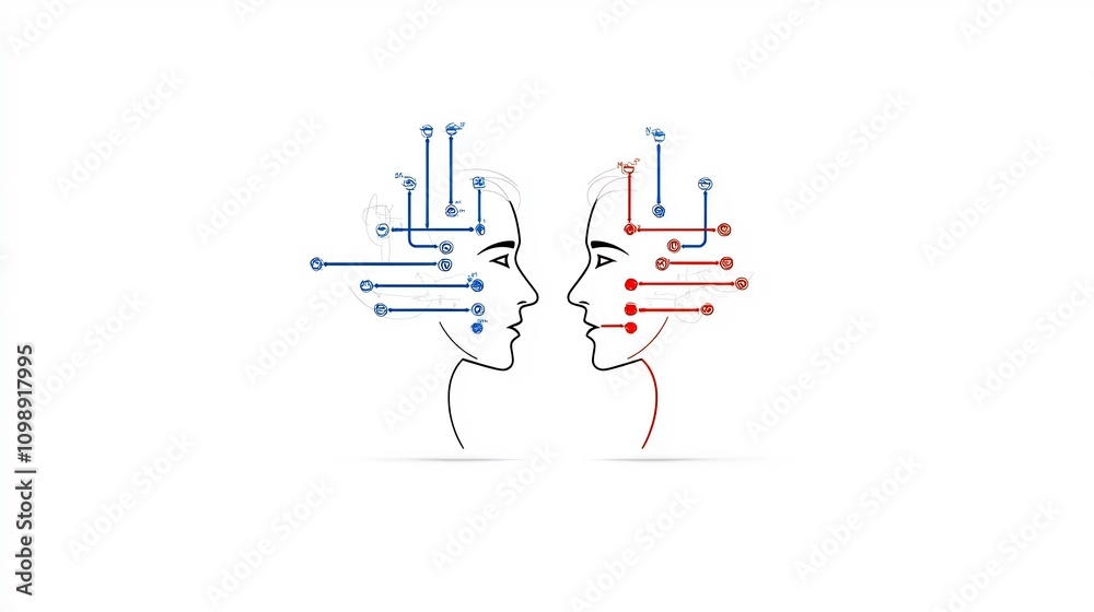 Aufkleber Visually Engaging Conversation Between Two Characters with Visible Voice Modulation and Intonation Curves on a Clean White Background
