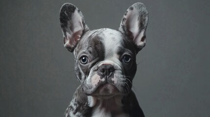 Merle French Bulldog puppy with mottled patches and distinctive ears, posed against a solid gray background highlighting its adorable features.