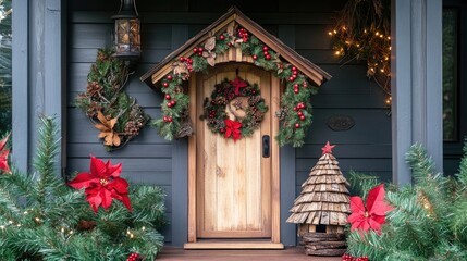 Fototapeta premium Festively adorned front door featuring a charming wooden fairy hut, surrounded by vibrant wreaths, poinsettias, and twinkling lights for the holiday season.