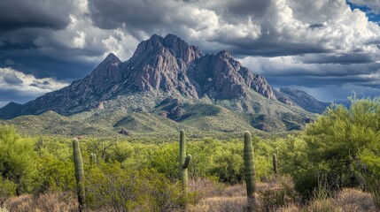 Obraz premium Majestic Mountain Landscape Under Dramatic Cloudy Sky in Desert