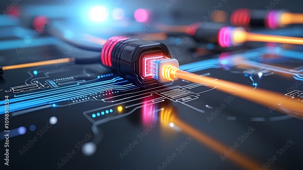 Poster Vibrant and dynamic abstract depicting a futuristic fiber optic network with colorful light beams flowing through the cables representing the seamless transmission of digital data