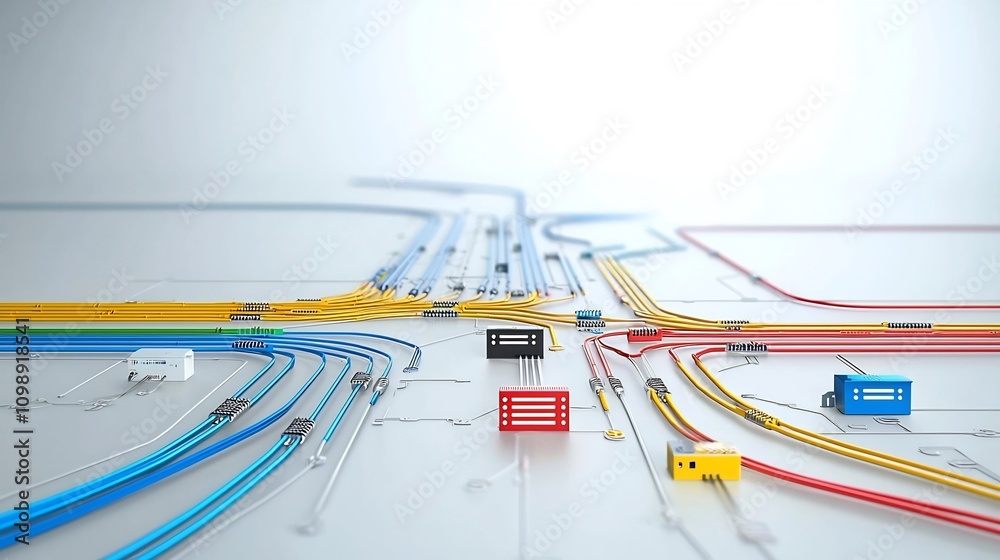 Poster Vibrant and intricate abstract design featuring a futuristic fiber optic network with colorful light beams flowing dynamically through the cables