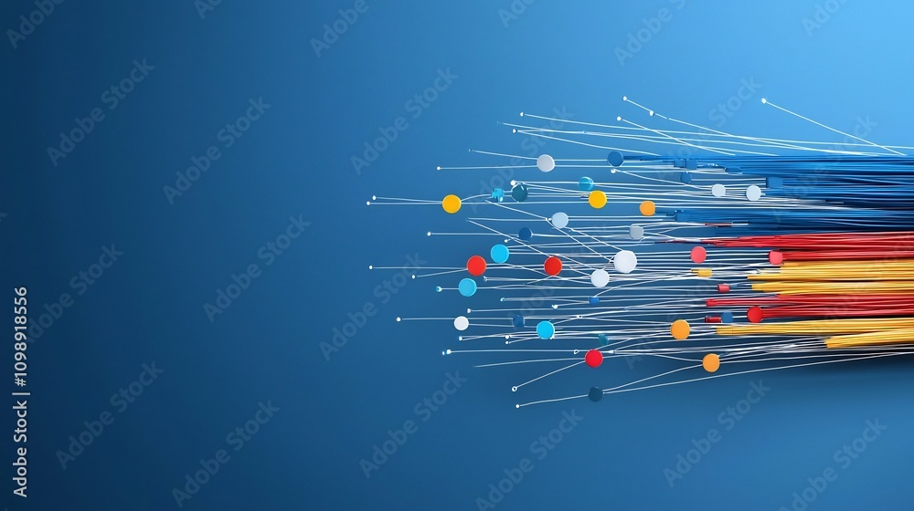 Poster Vibrant abstract design showcasing a fiber optic network with colorful light beams flowing through interconnected cables representing the dynamic process of digital data transmission