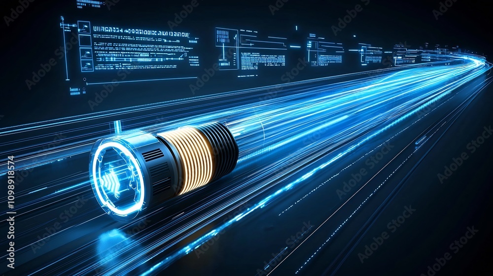 Poster of fiber optic cables with glowing light trails symbolizing the concept of high speed data transmiss