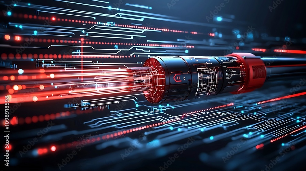 Poster of fiber optic cables with glowing light trails symbolizing the high speed data transmission and dig