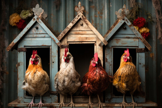 funny scene with four roosters sitting in small houses. These houses are designed in the style of old dovecotes and are painted sky blue with rust accents, giving the scene a vintage look. - Powered by Adobe