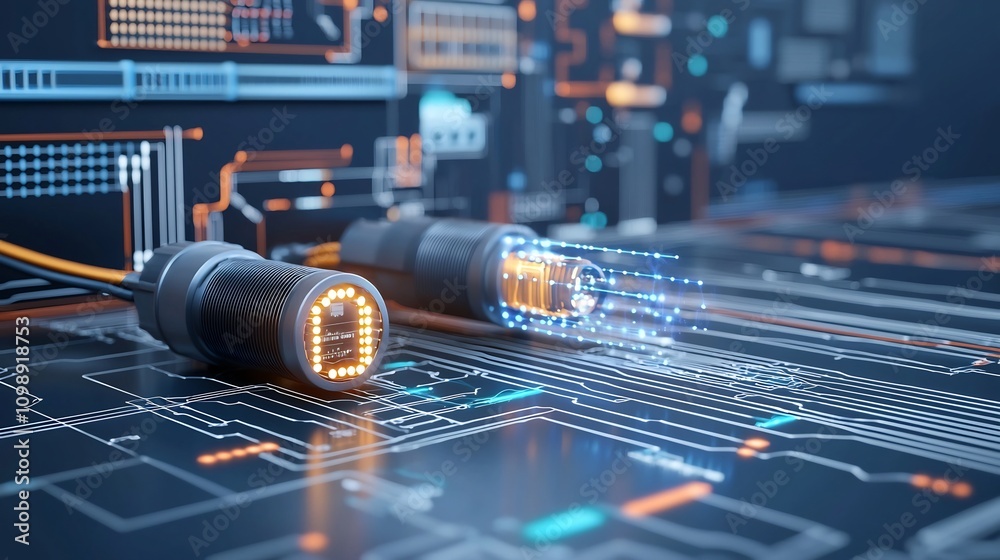 Aufkleber creative design showcasing glowing fiber optic cable ends with dynamic data flow elements