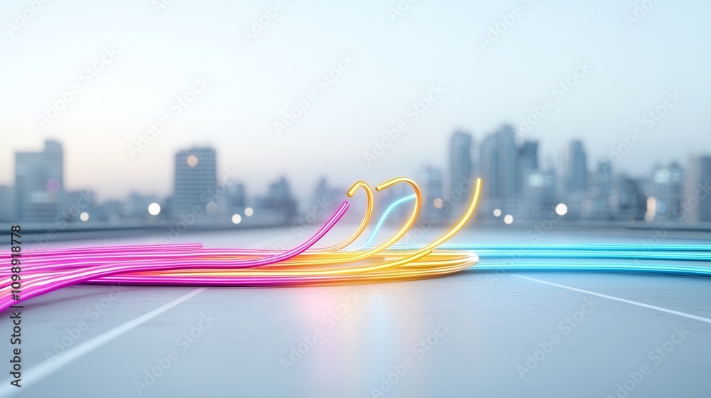 Poster vibrant featuring glowing fiber optic cables with colorful light beams spreading out in a futuristic